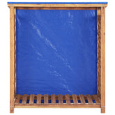 Wooden firewood storage shed with slatted acacia frame, blue tarp cover, and open sides.